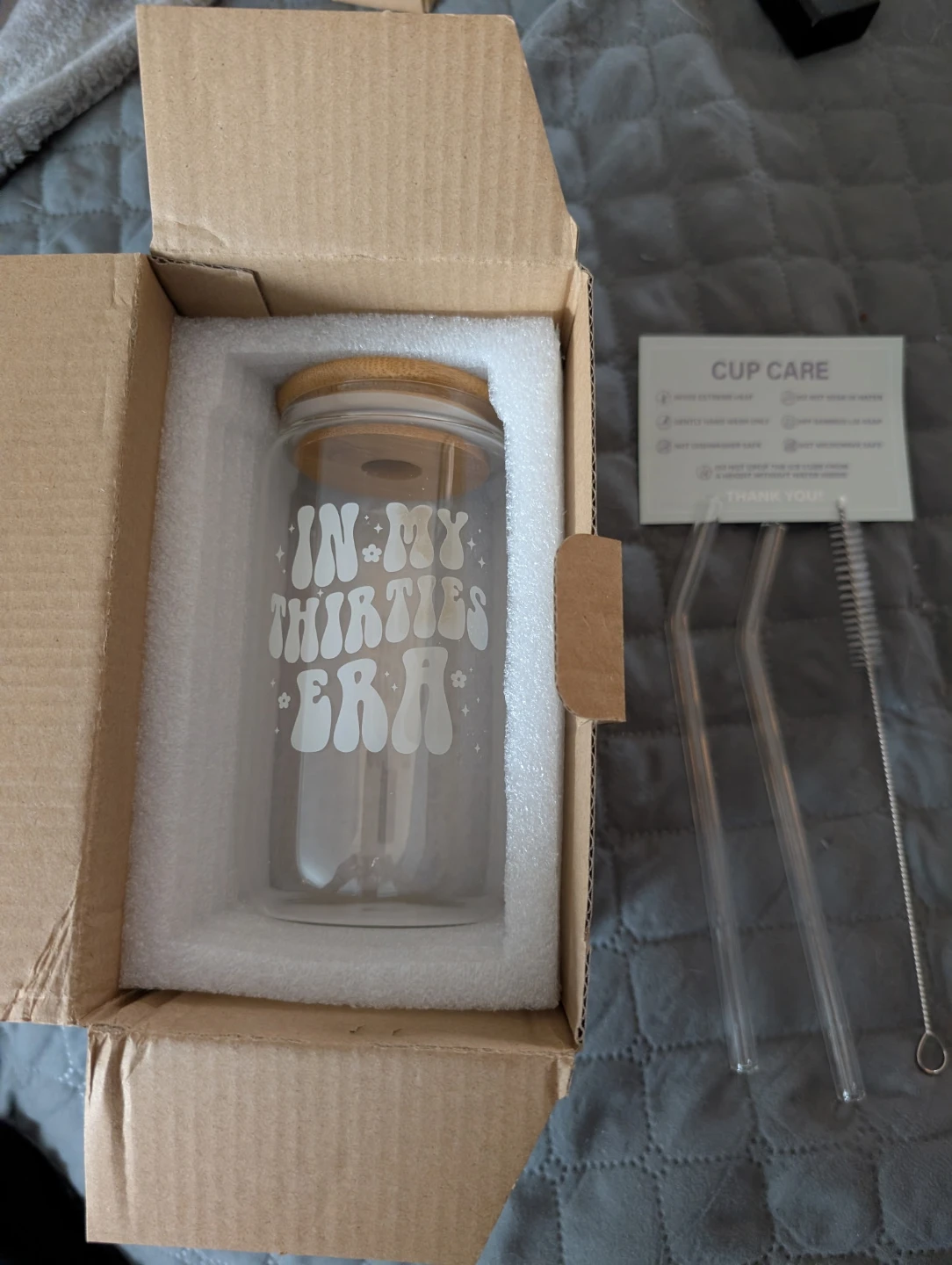 Glass Tumbler with Bamboo Lid and Straws
