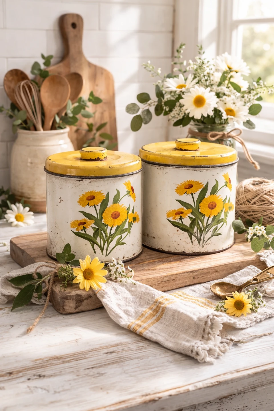 Vintage Metal Canisters with Floral Design - Set of 2
