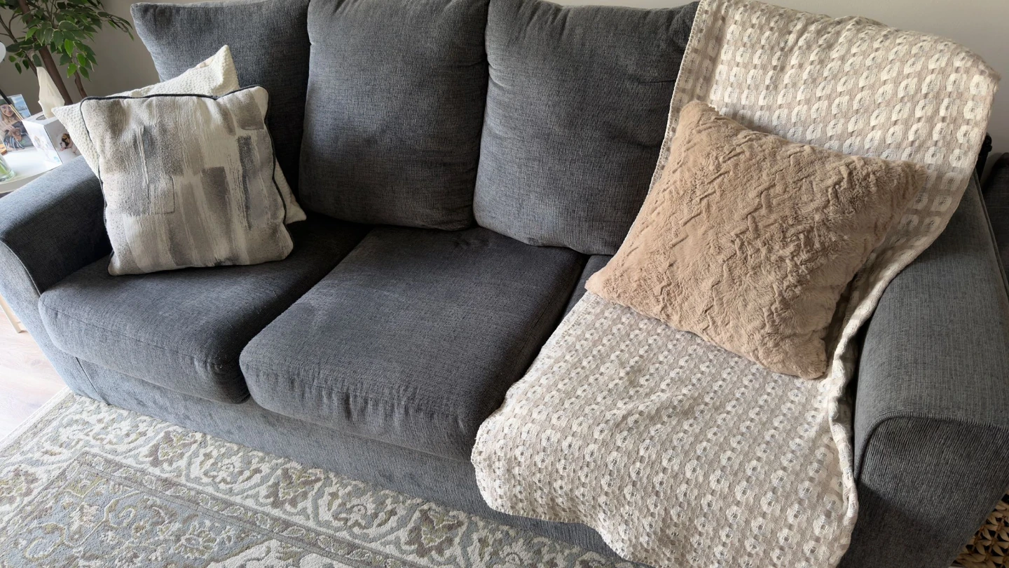 Grey Sofa with Cushions and Throw Blanket - photo 4