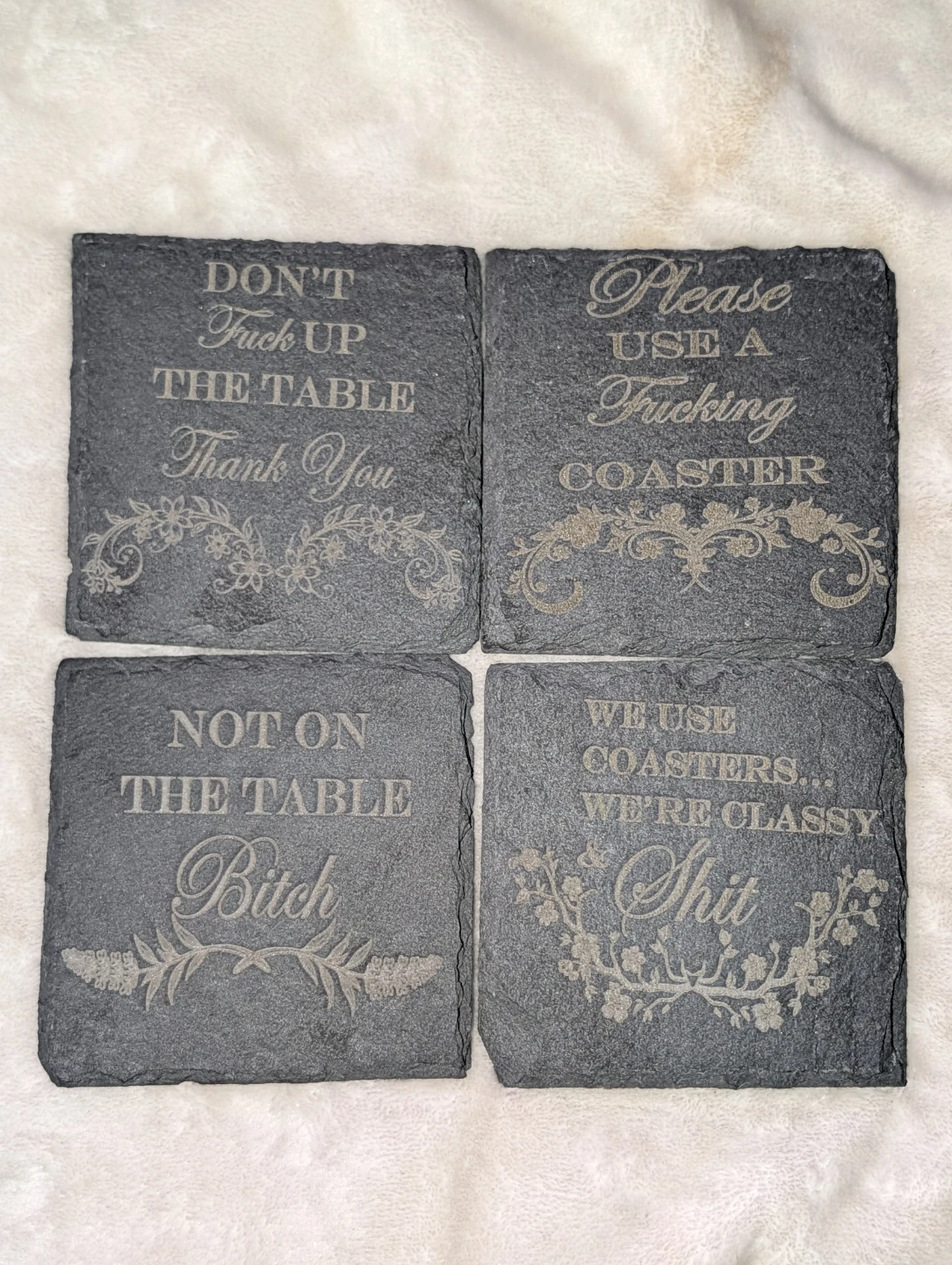 Set of 4 handmade Slate Coasters with Funny Sayings