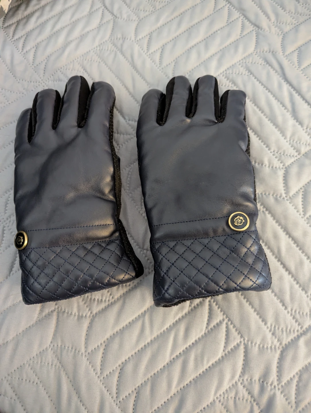 Navy Blue Quilted Gloves with Gold Button Detail