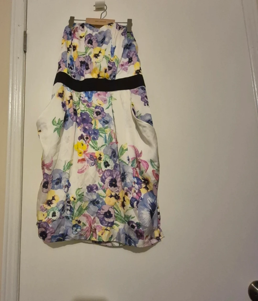 H&M White Floral Strapless Dress with Black Band