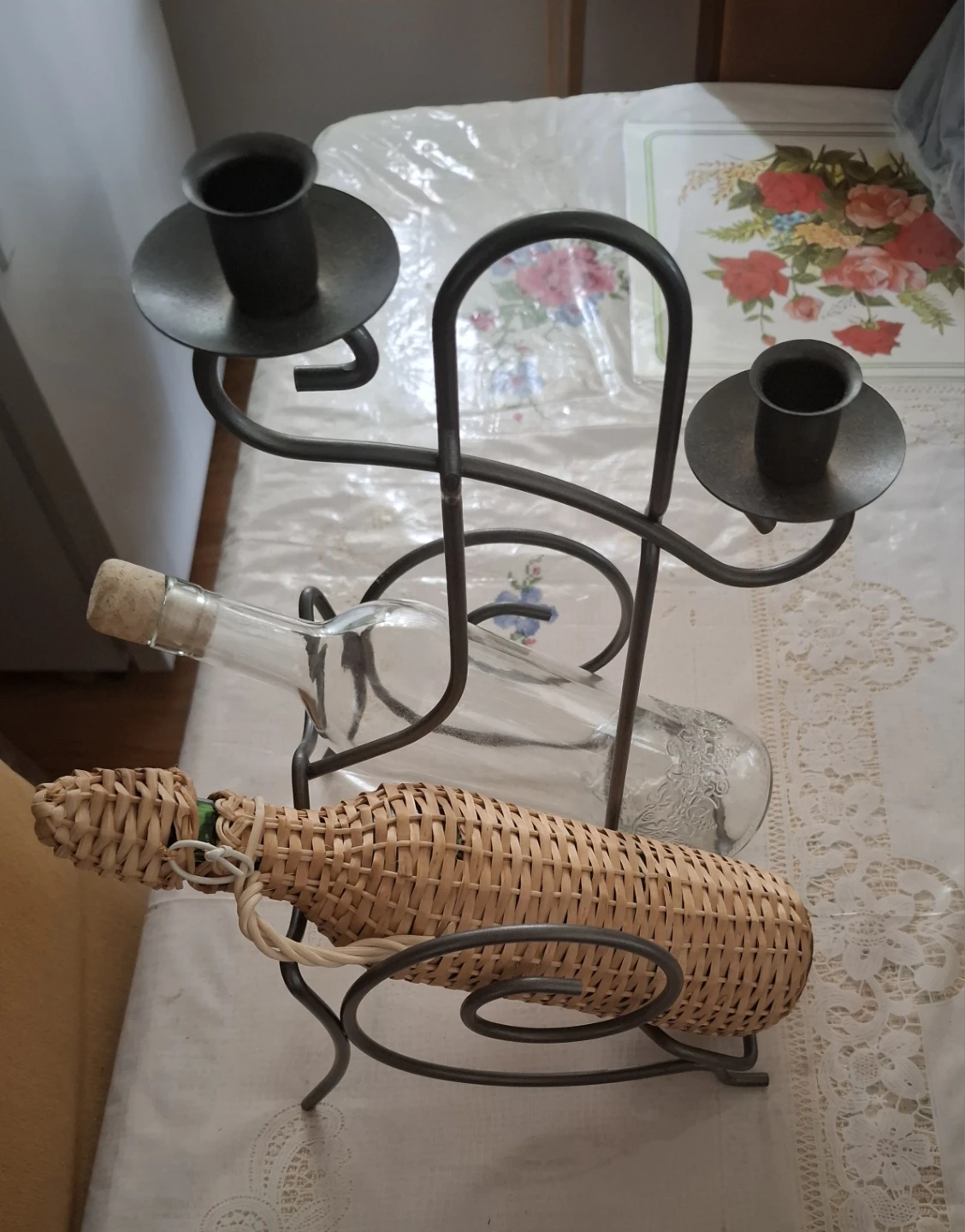 Metal Wine Bottle Holder with Candlesticks
