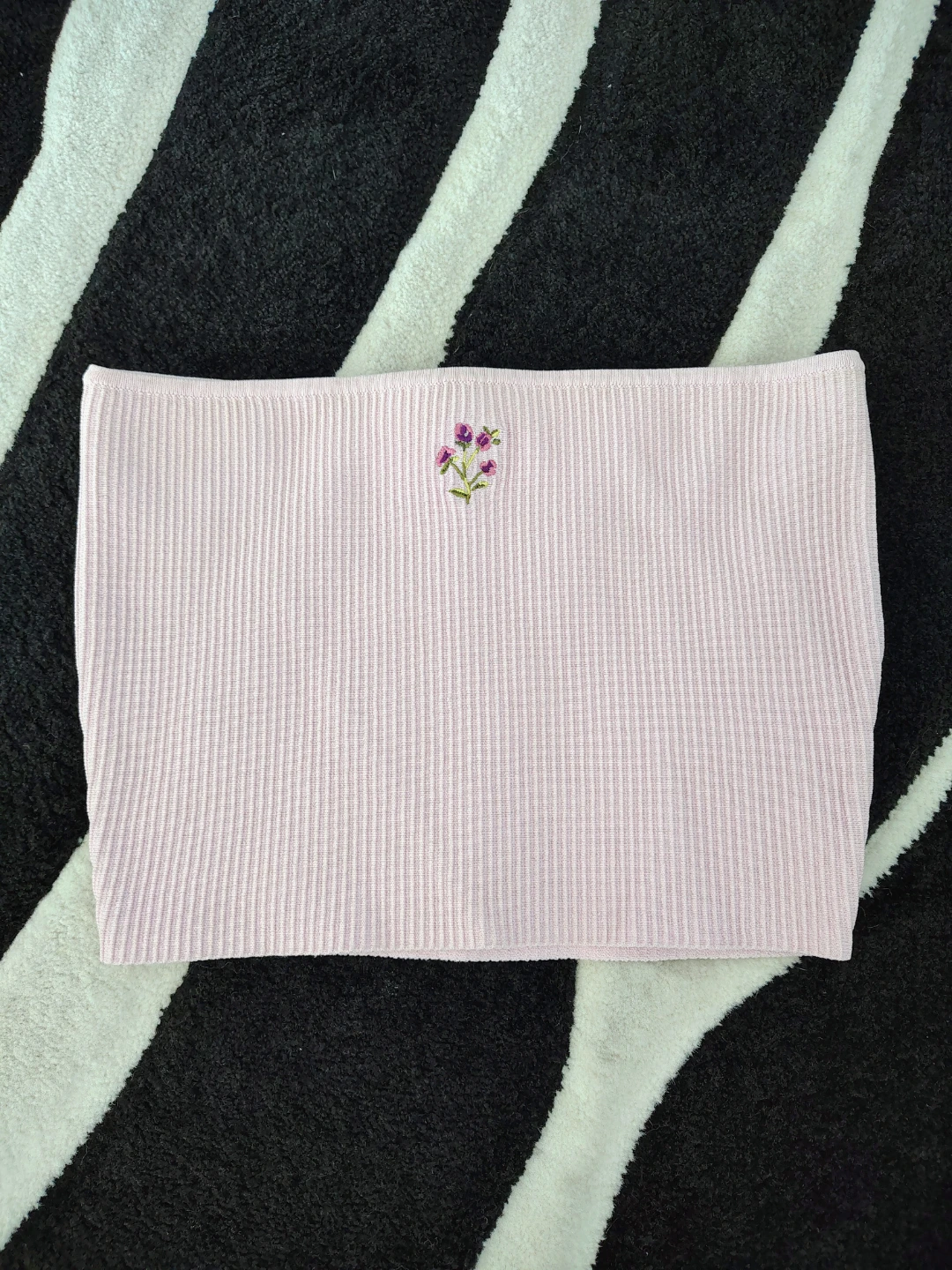 Pink Ribbed Tube Top with Flower Embroidery