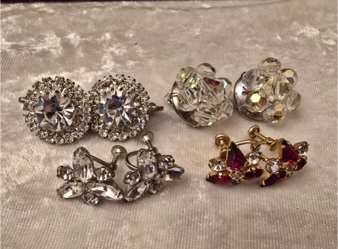 4 pair Vintage Clip On Sparkly Earrings