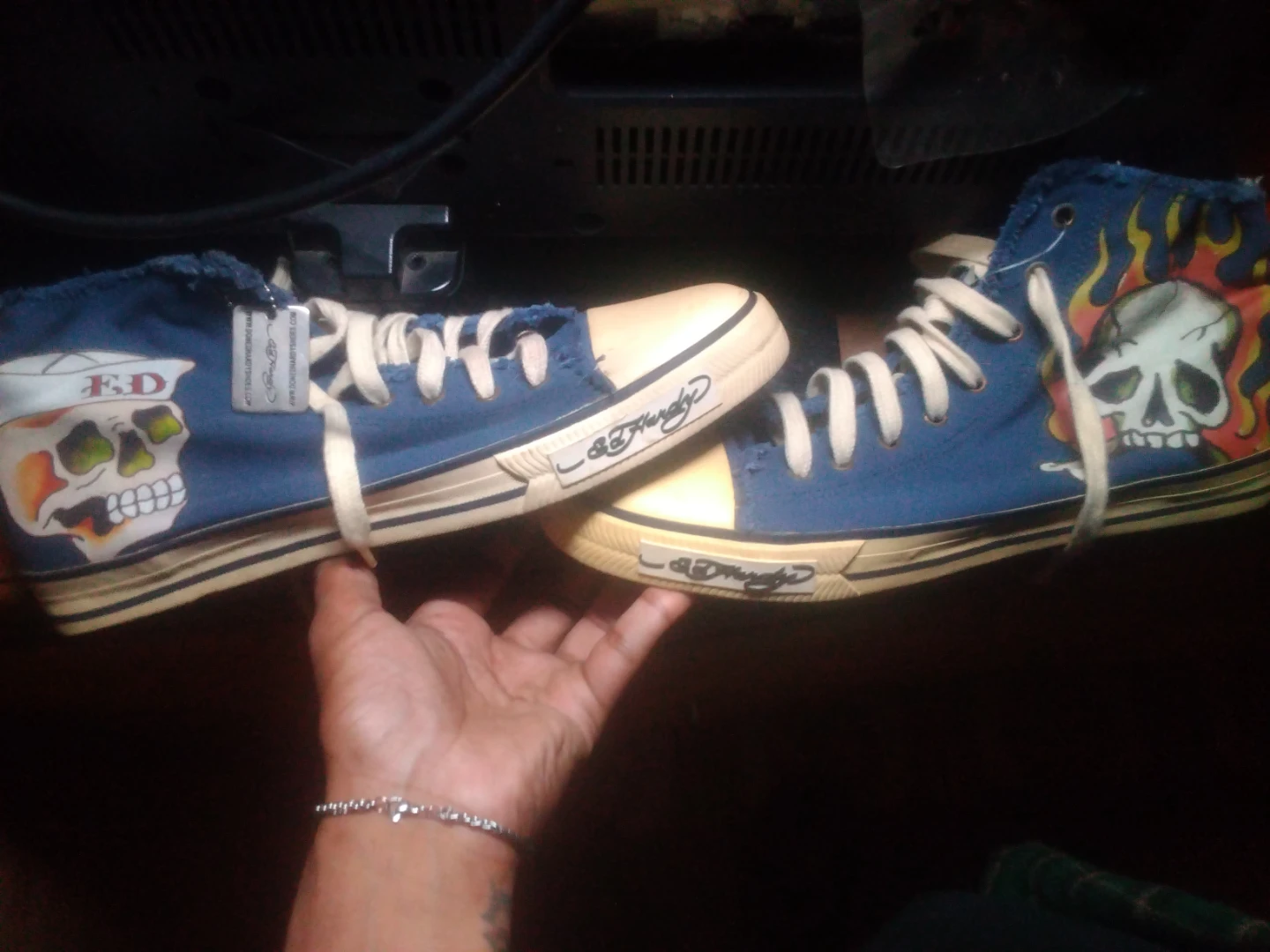 Ed Hardy High-Top Sneakers - Blue Skull Flame Design