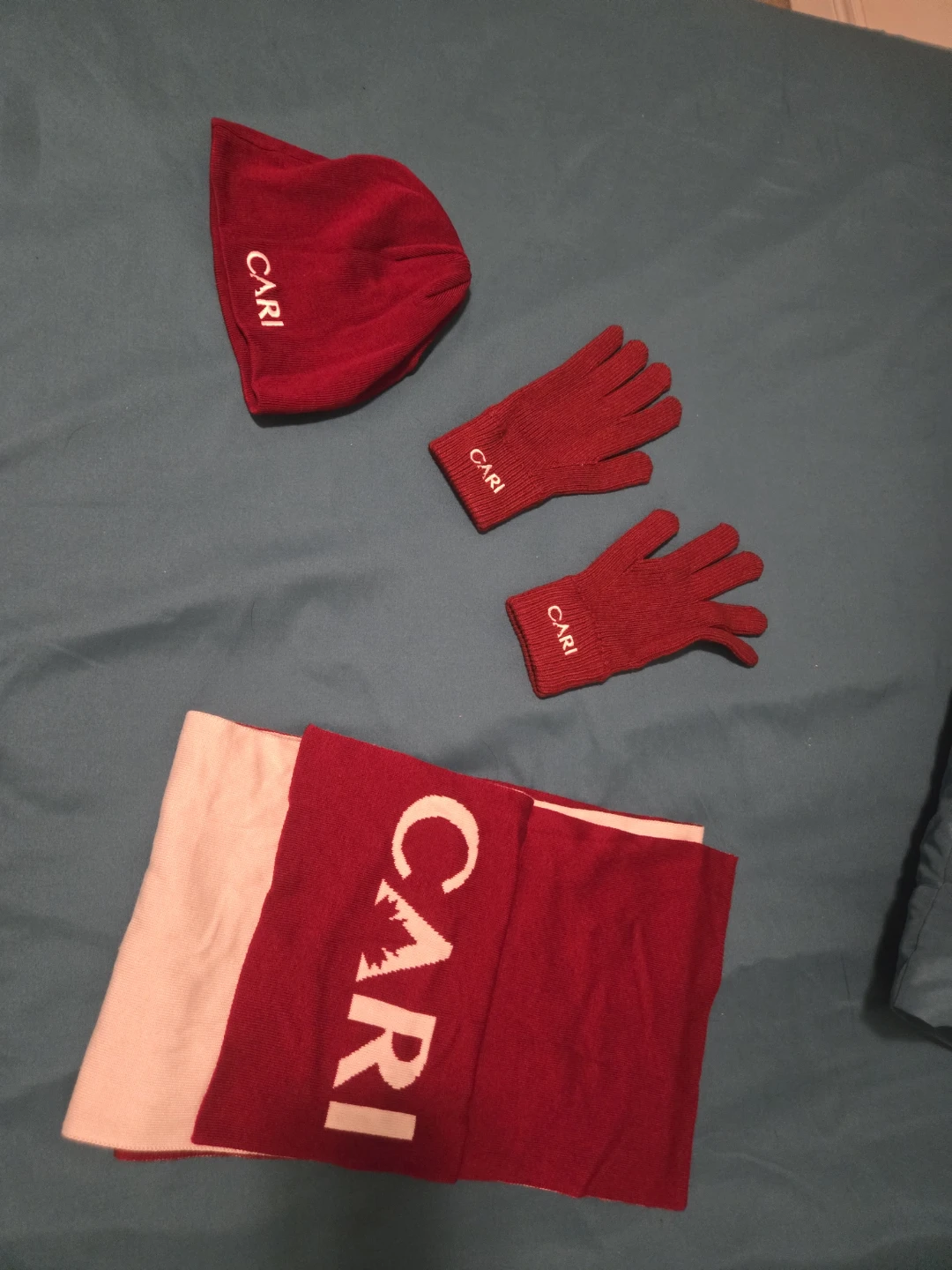 CARI Red Knit Beanie, Gloves, and Scarf Set (new, never worn)