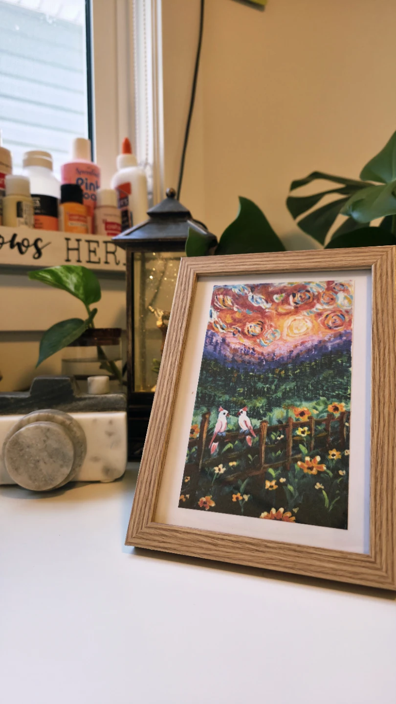 Framed Two Birds and Flowers handmade original painting