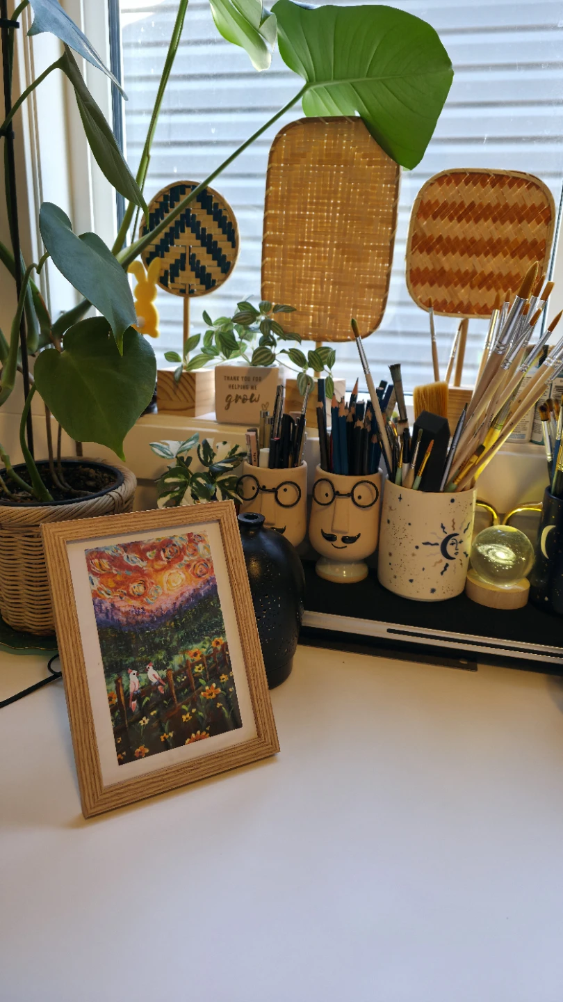 Framed Two Birds and Flowers handmade original painting - photo 2