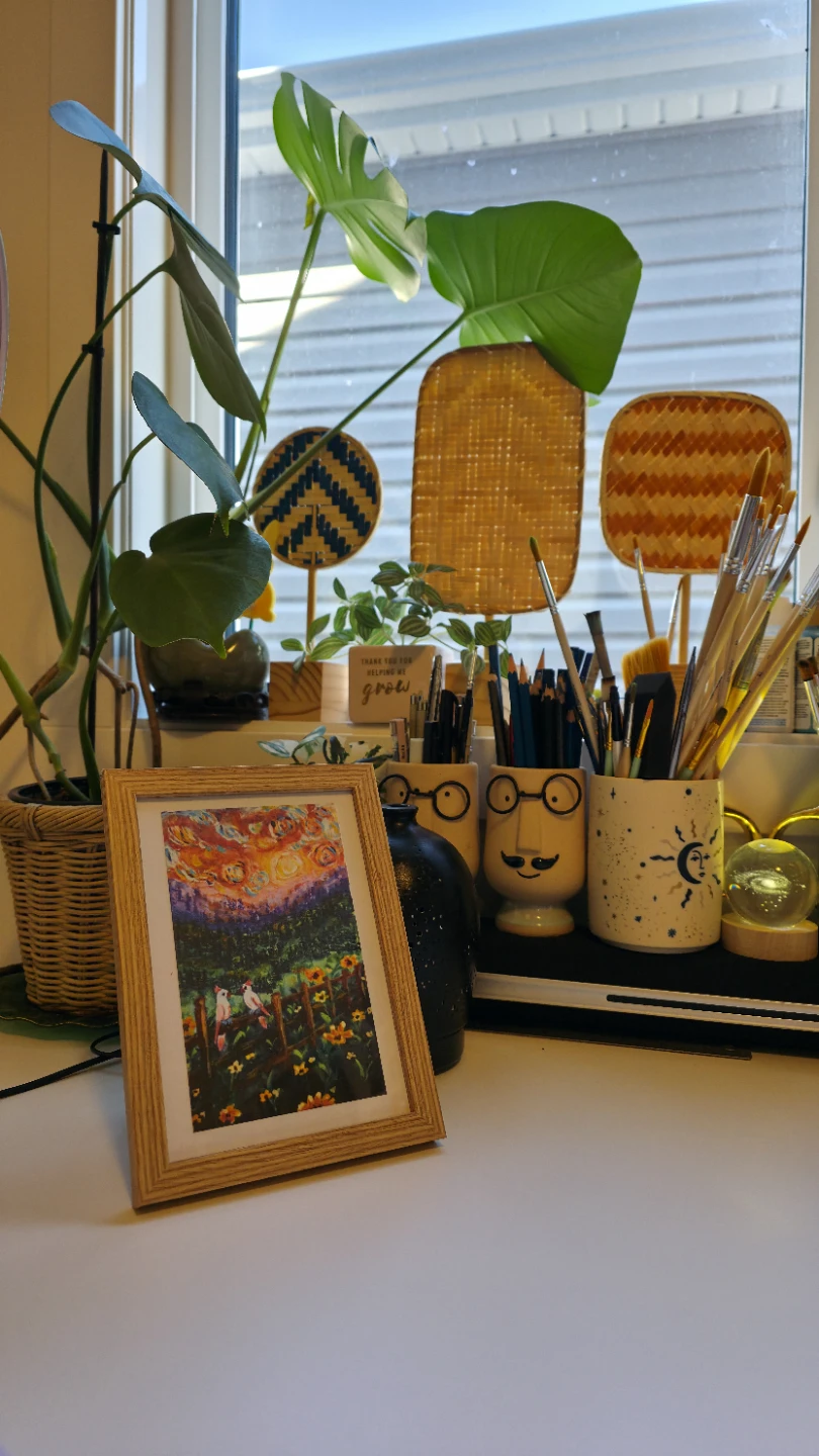 Framed Two Birds and Flowers handmade original painting - photo 4