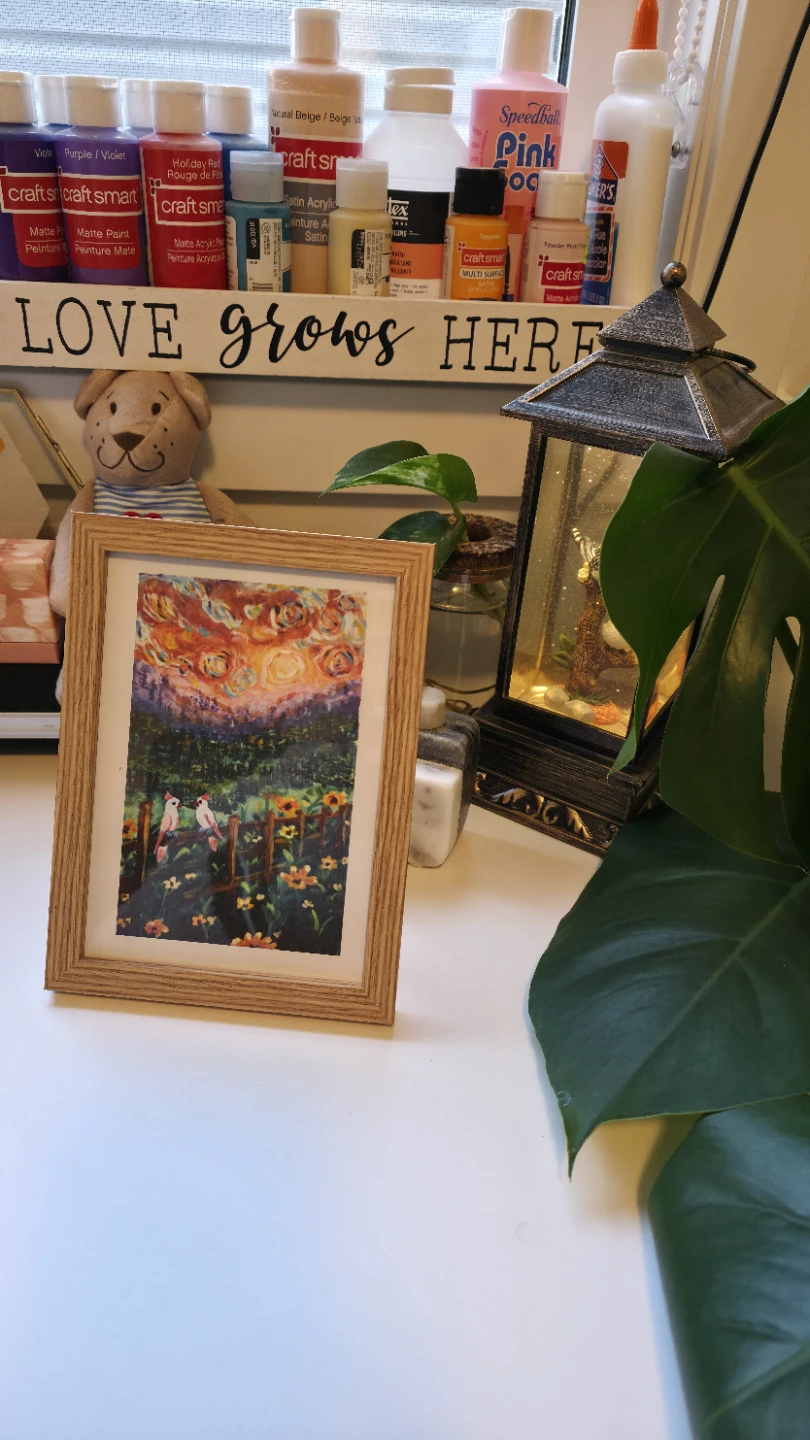 Framed Two Birds and Flowers handmade original painting - photo 5