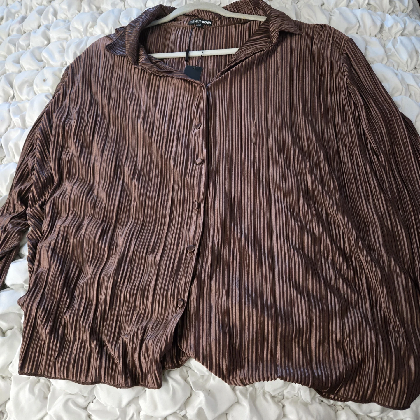 Fashion Nova Brown Pleated Set - Shirt and Pants