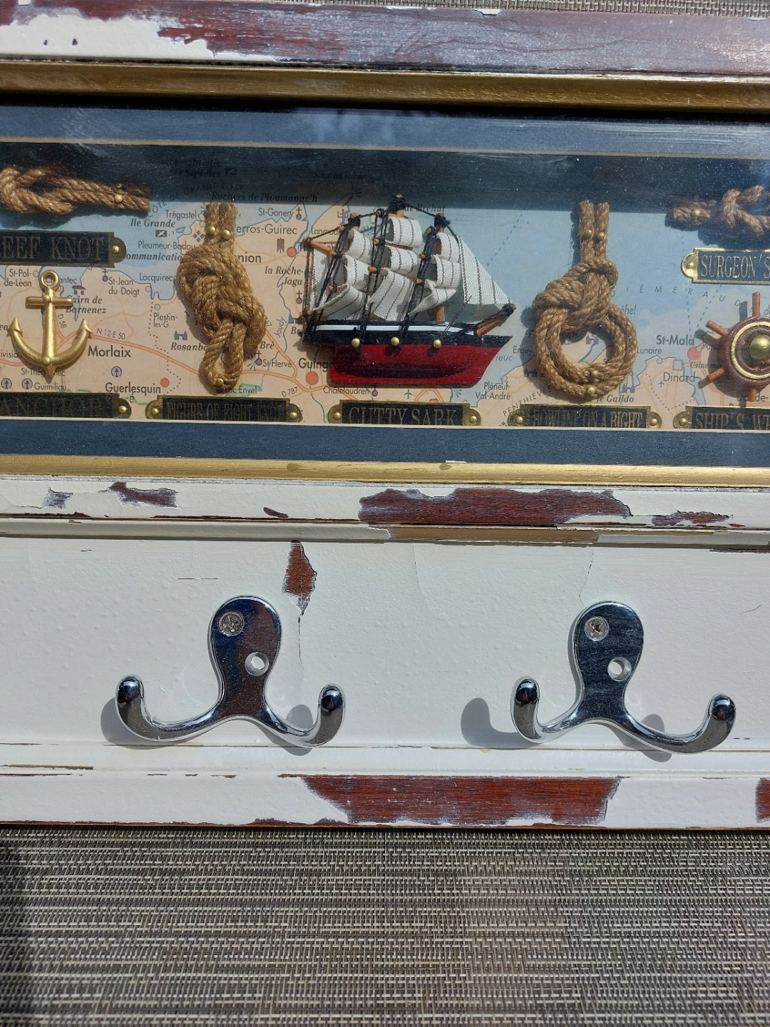 Nautical Themed Wall Coat Rack with Map and Ship Art - photo 4