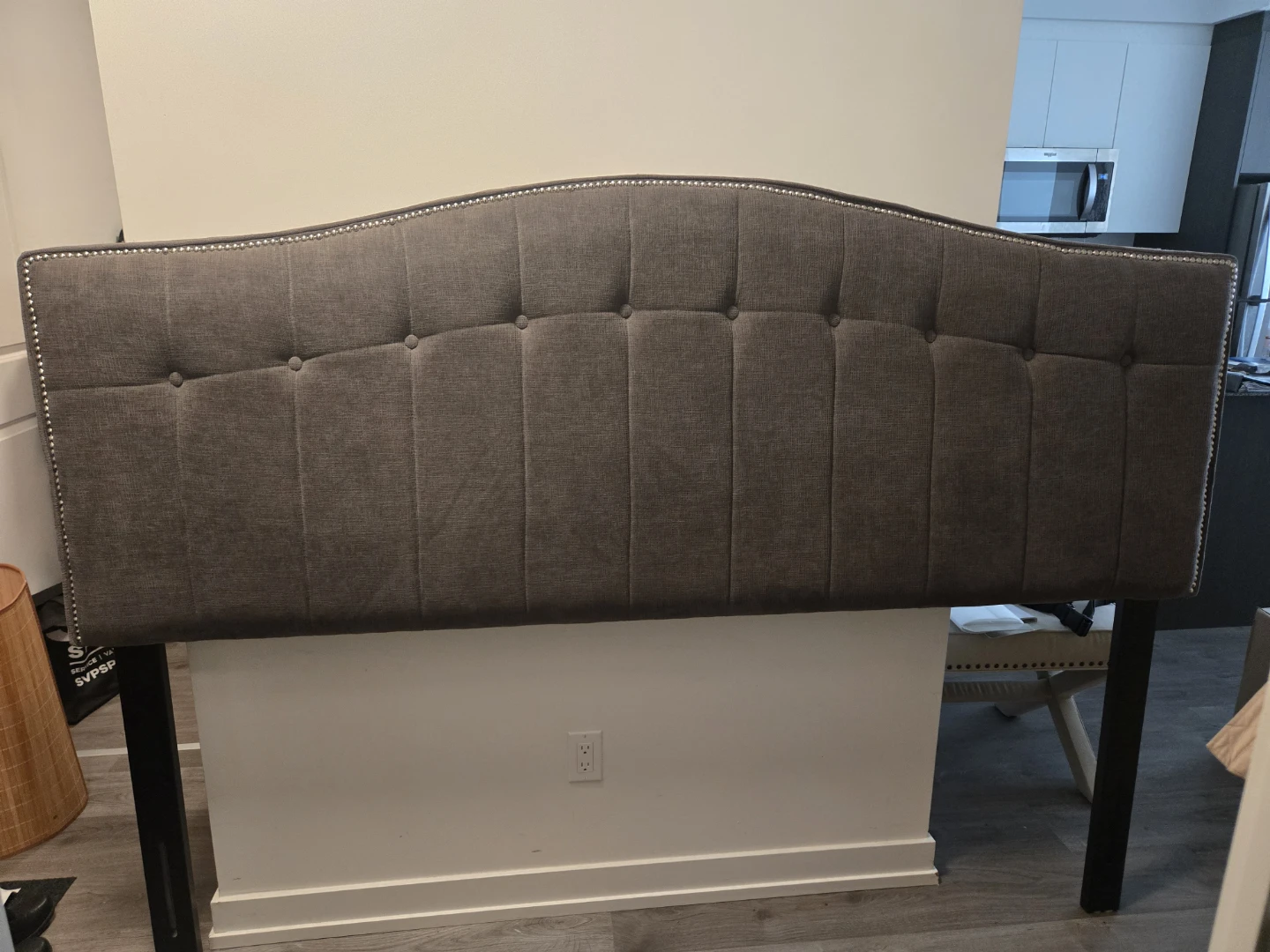 KING Grey Tufted Headboard with Silver Nailhead Trim