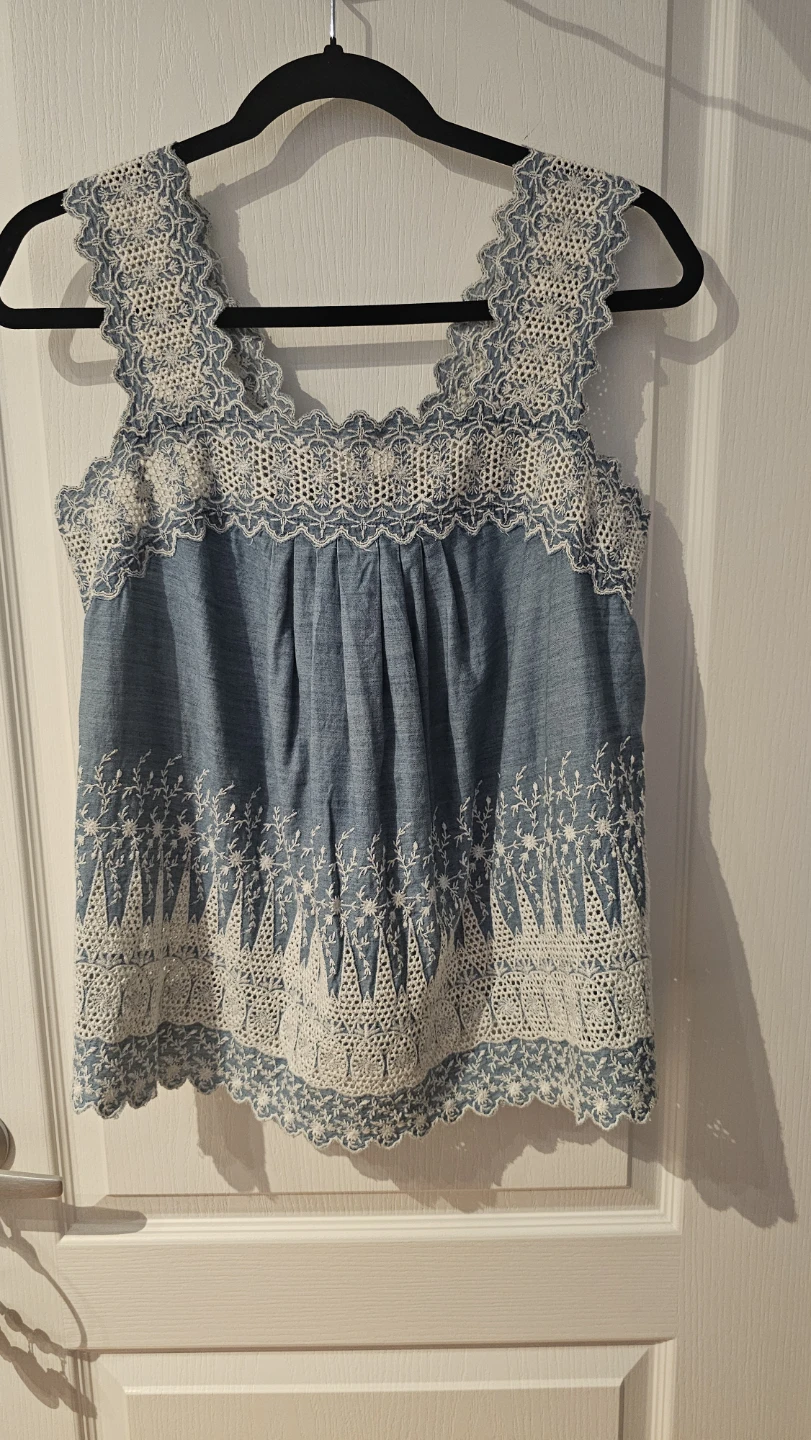 Blue Embroidered Lace Trim Tank Top