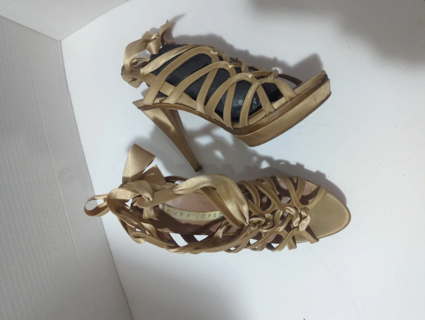 Pura Lopez Gold Satin Strappy Heels with Bows - photo 2