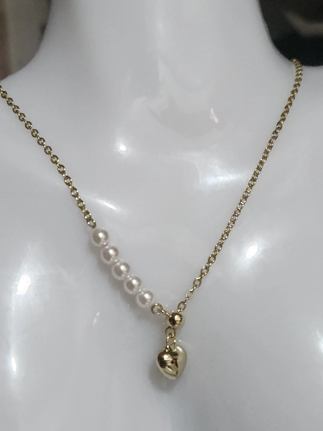 Gold Tone Necklace with Pearl Accents and Heart Charm