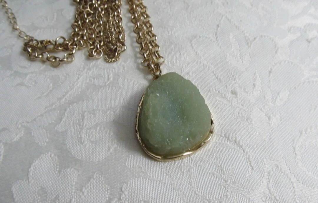 Gold Tone Necklace with Green Druzy Pendant