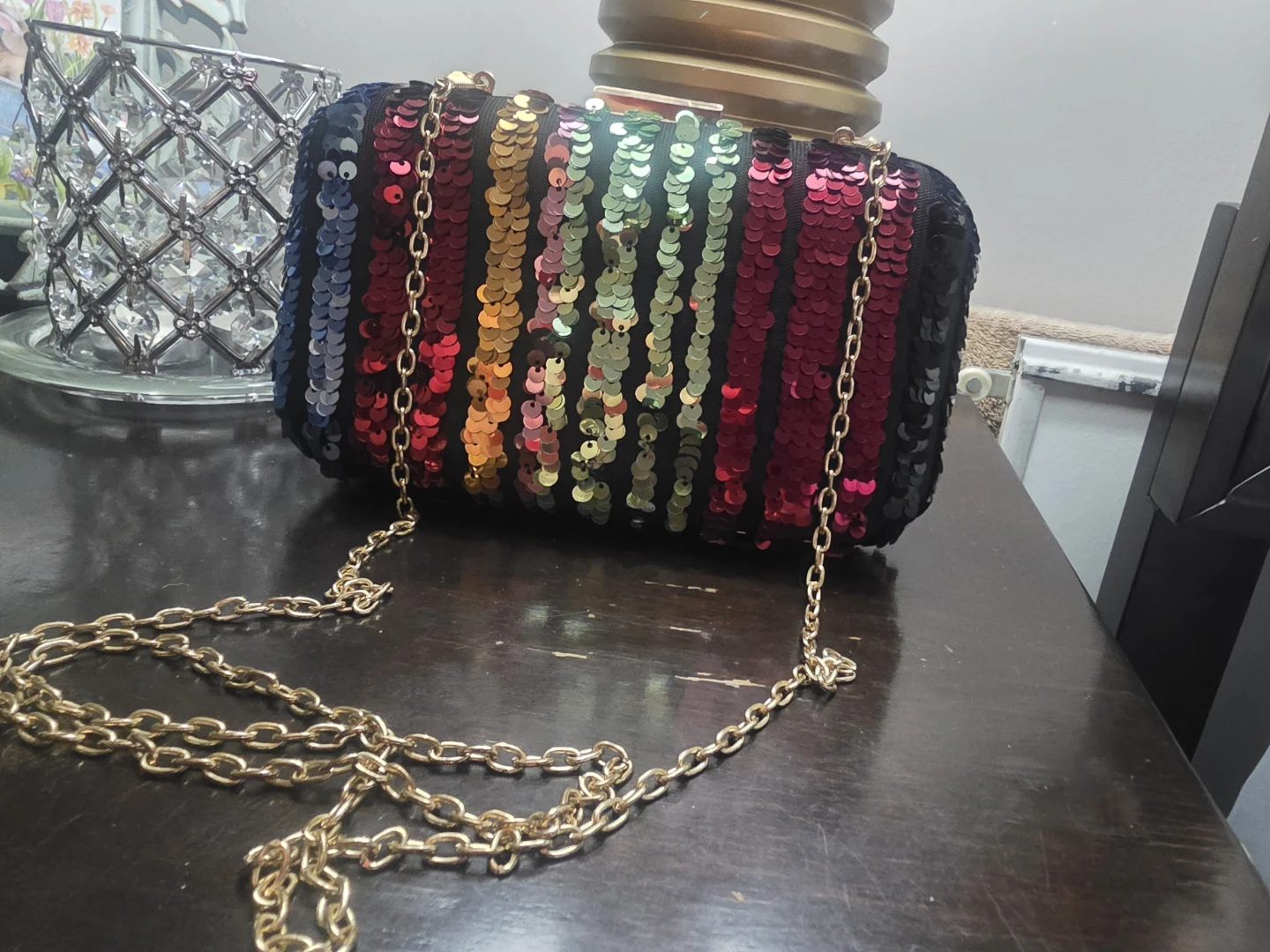 Rainbow Sequin Clutch Bag with Gold Chain