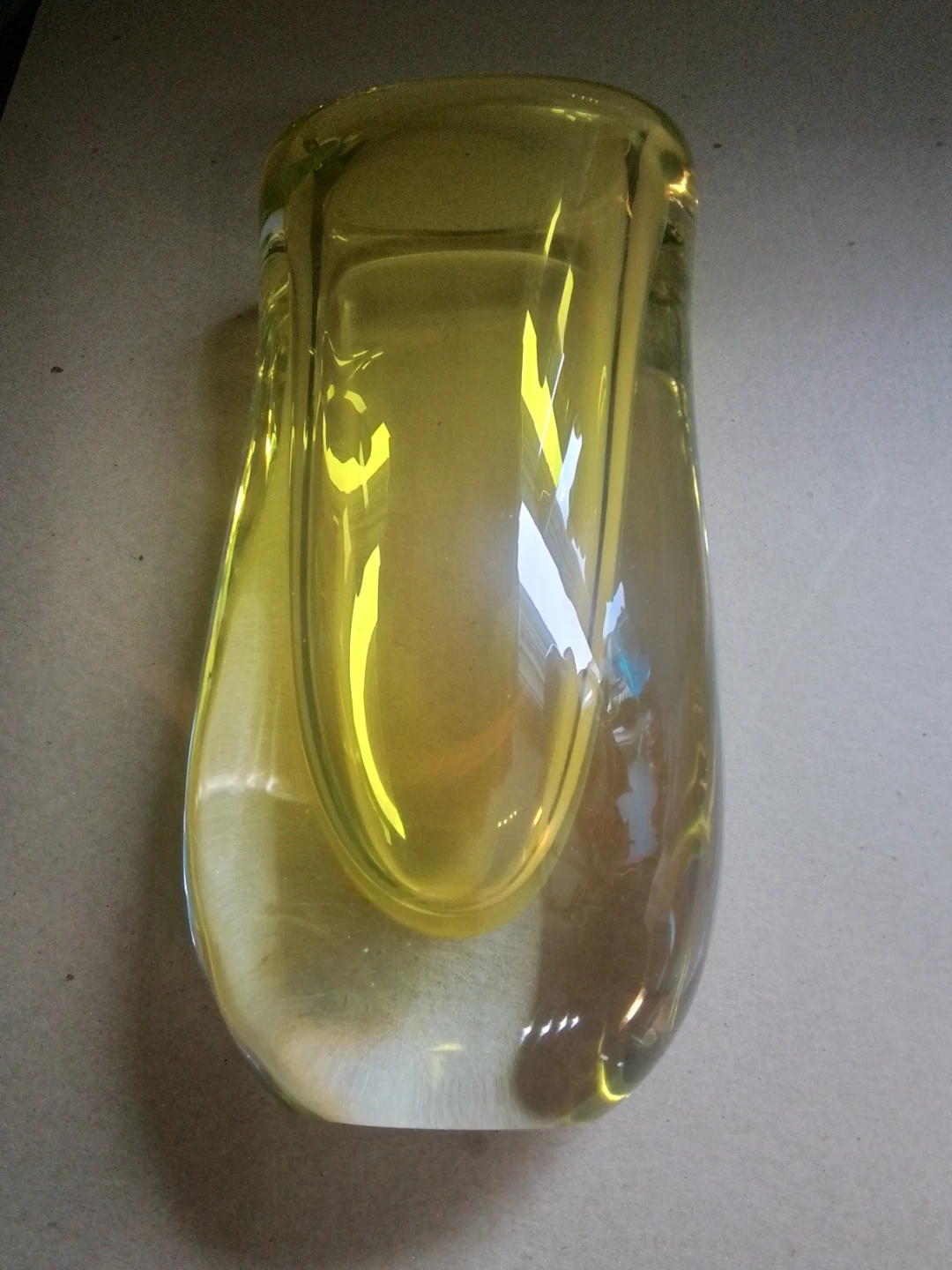 Thick Vintage Clear + Yellow Art Glass Vase 10" - photo 4