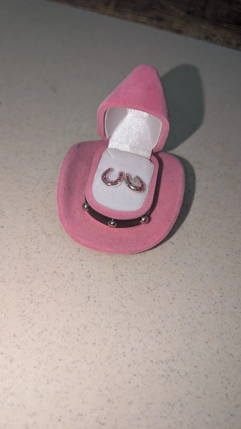Pink Cowboy Hat Jewelry Box with Horseshoe Earrings
