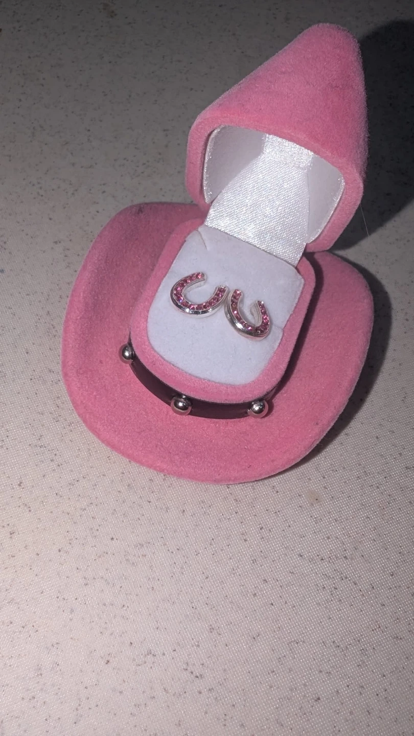 Pink Cowboy Hat Jewelry Box with Horseshoe Earrings - photo 3