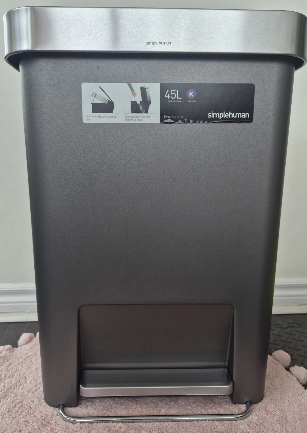 simplehuman 45L Rectangular Step Can - Dark Grey