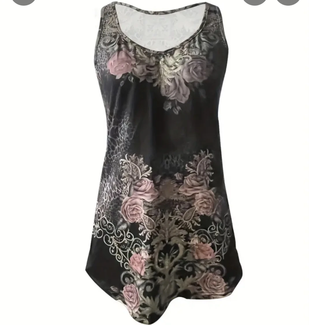 Black floral print V-neck tank top - photo 2