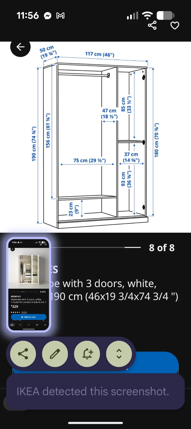 IKEA BRIMNES Wardrobe with 3 doors, white, 117x50x190 cm