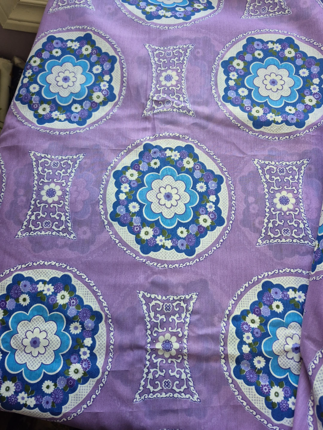 Retro Floral Fabric - Purple, Blue, White