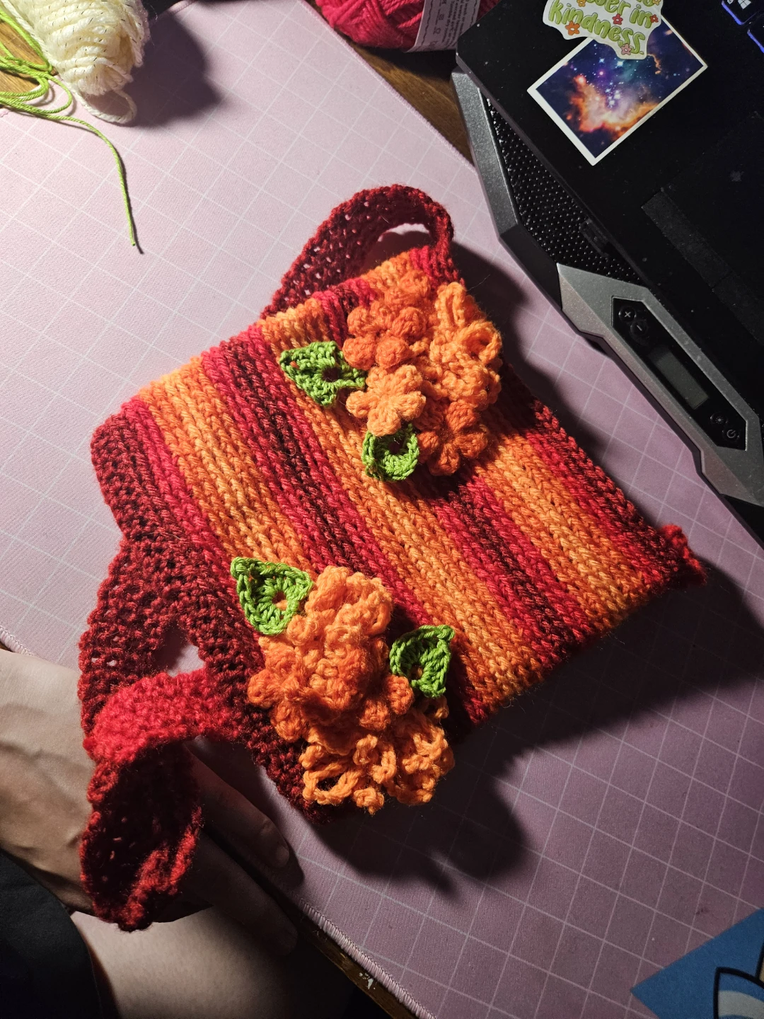 Handmade Knit Bag with Orange and Red Flowers