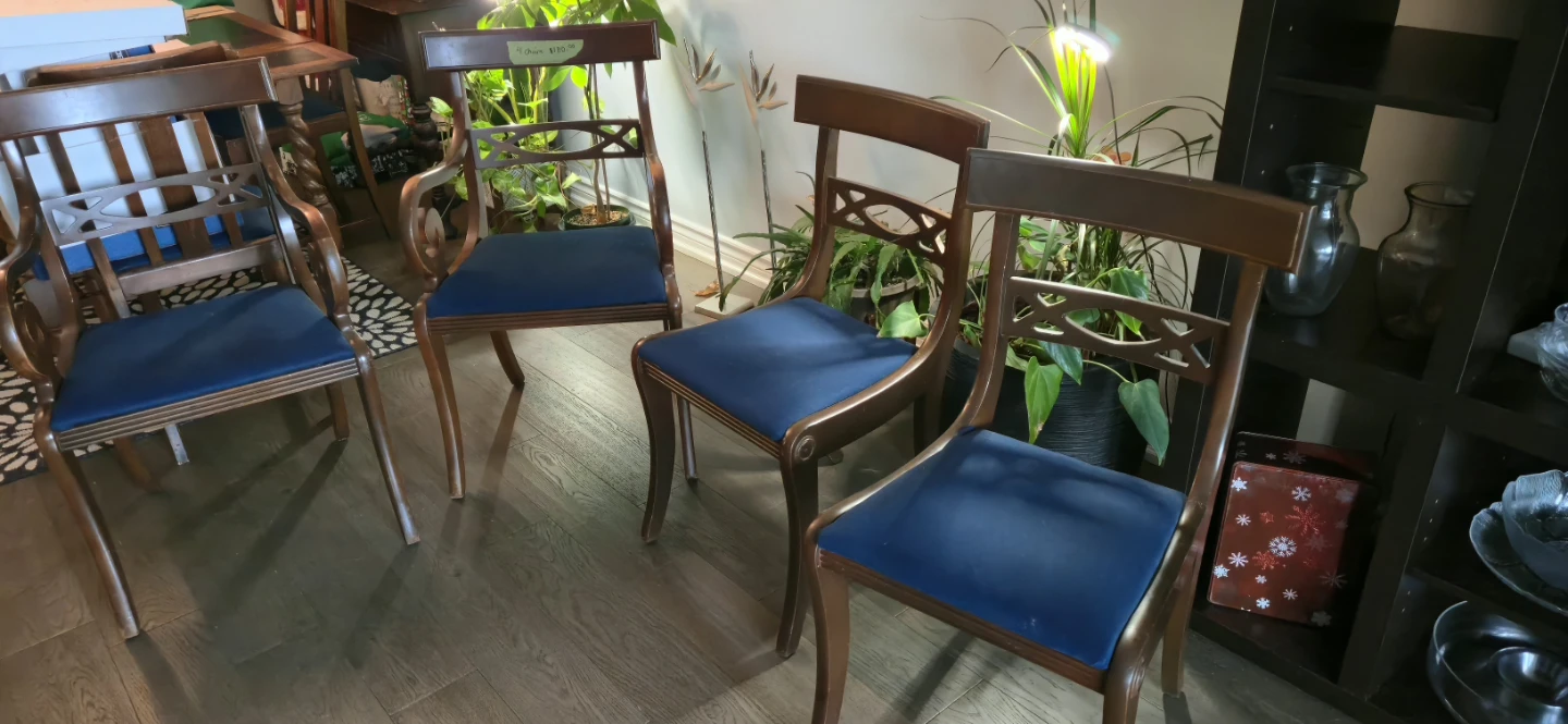 Set of 4 Wooden Dining Chairs with Blue Upholstery