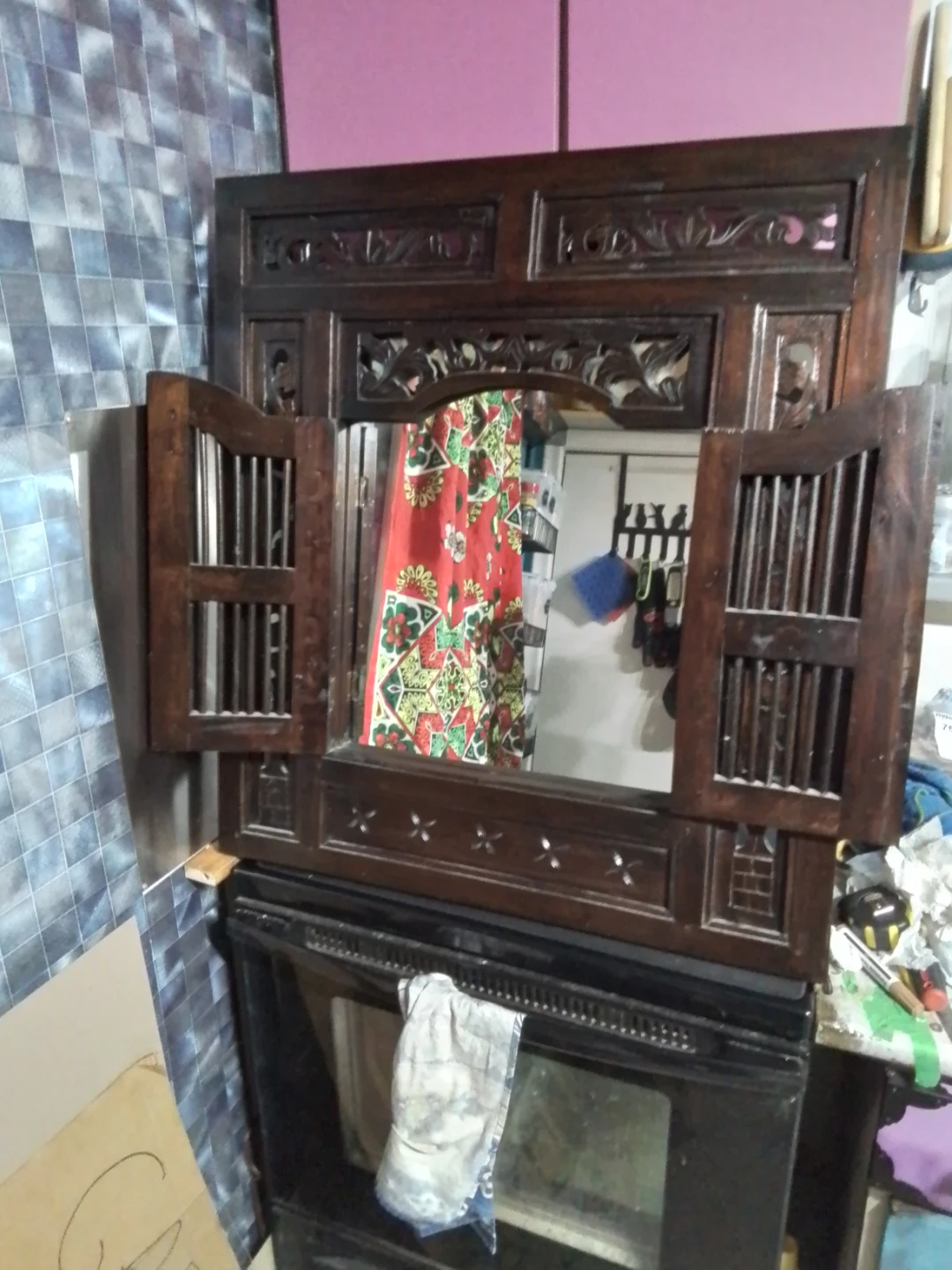 Hand-Carved Solid Wood Mirror with Shutter Doors | Antique
