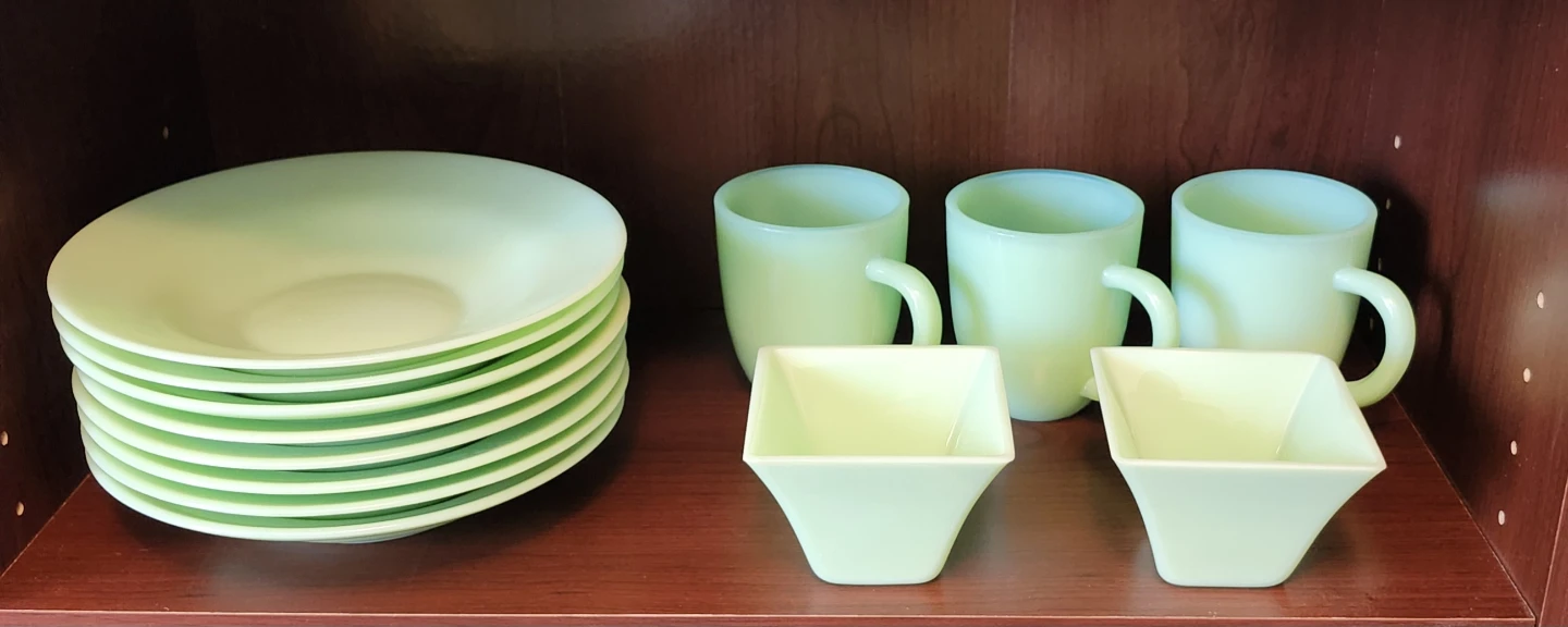 Jadeite Green Glass Dishes and Cups Set