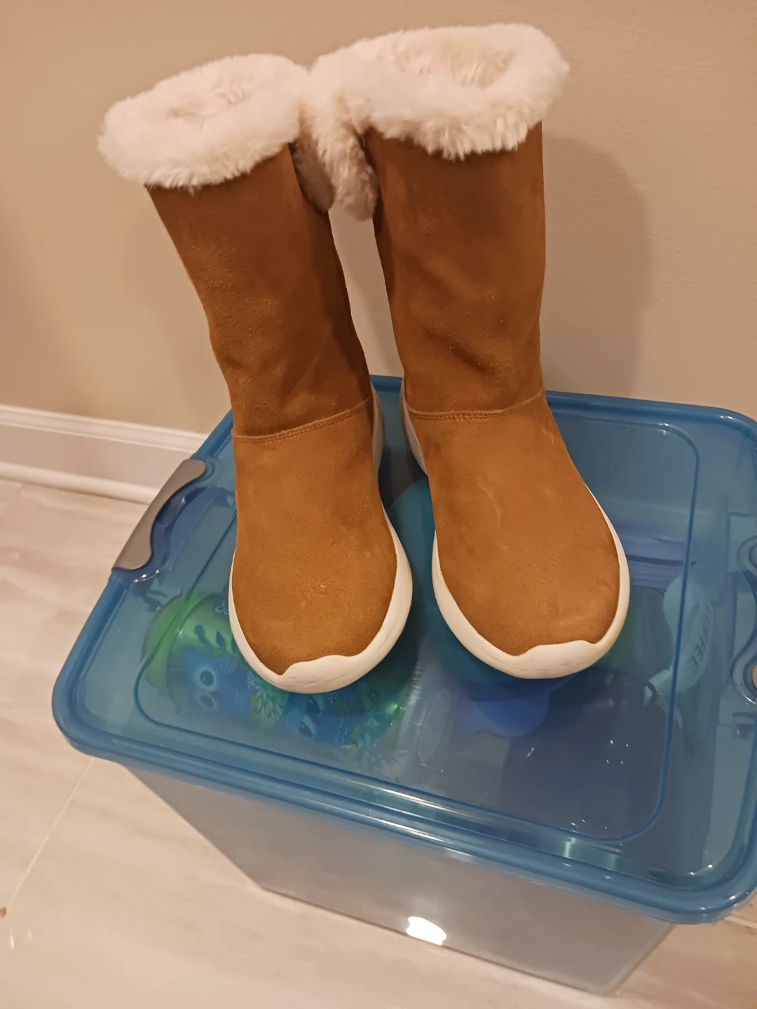 Brown Faux Suede Winter Boots with White Fur Trim