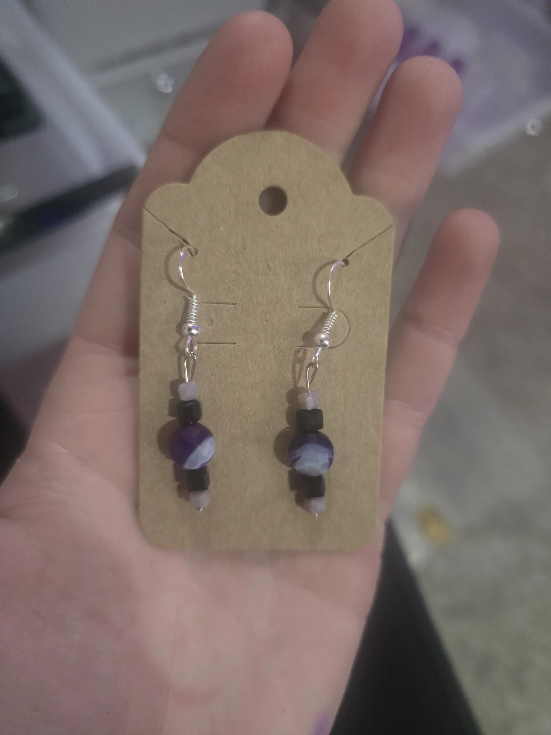 Purple amethyst and Black Beaded Drop Earrings
