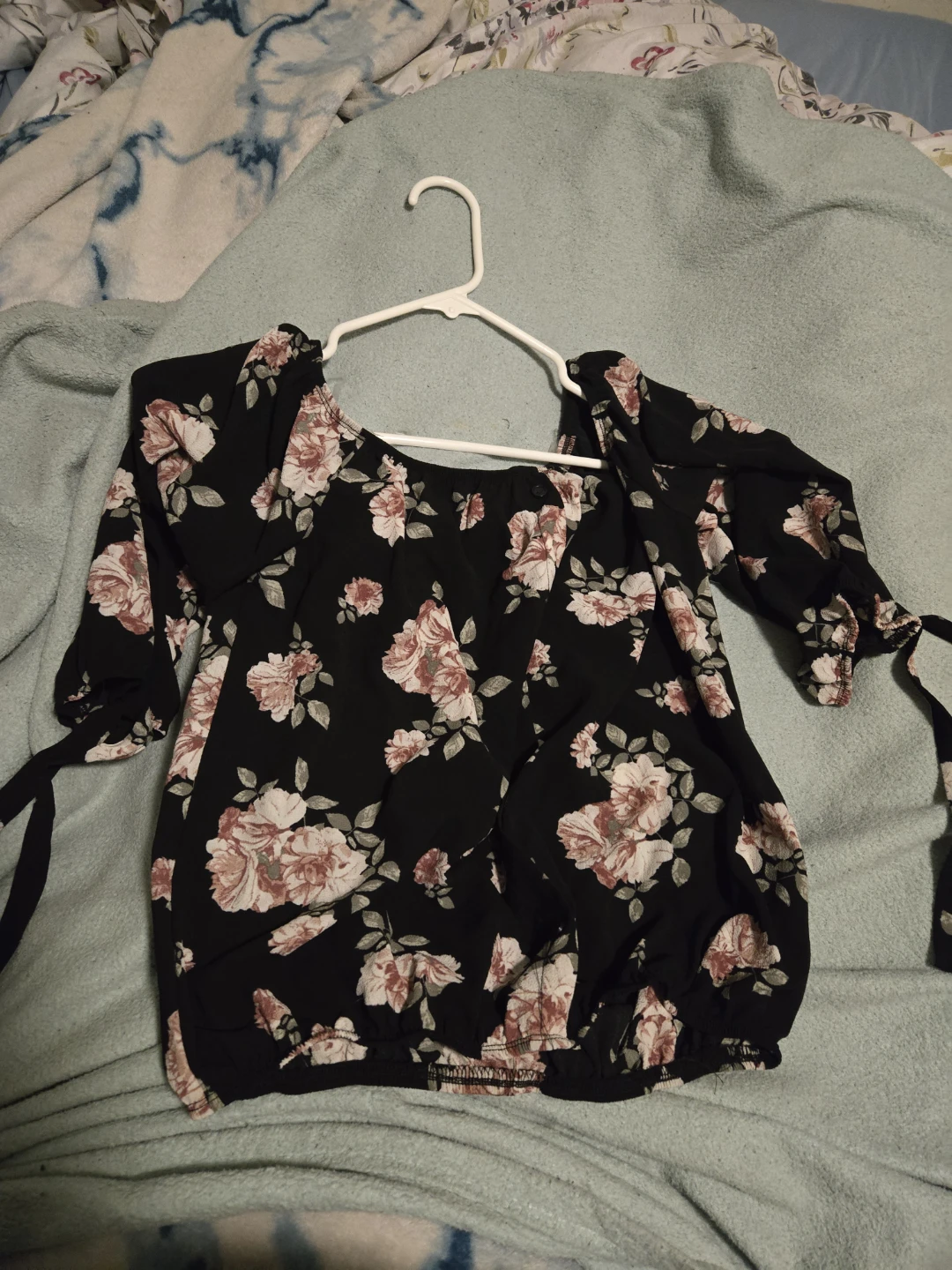 Black floral off-the-shoulder peasant blouse
