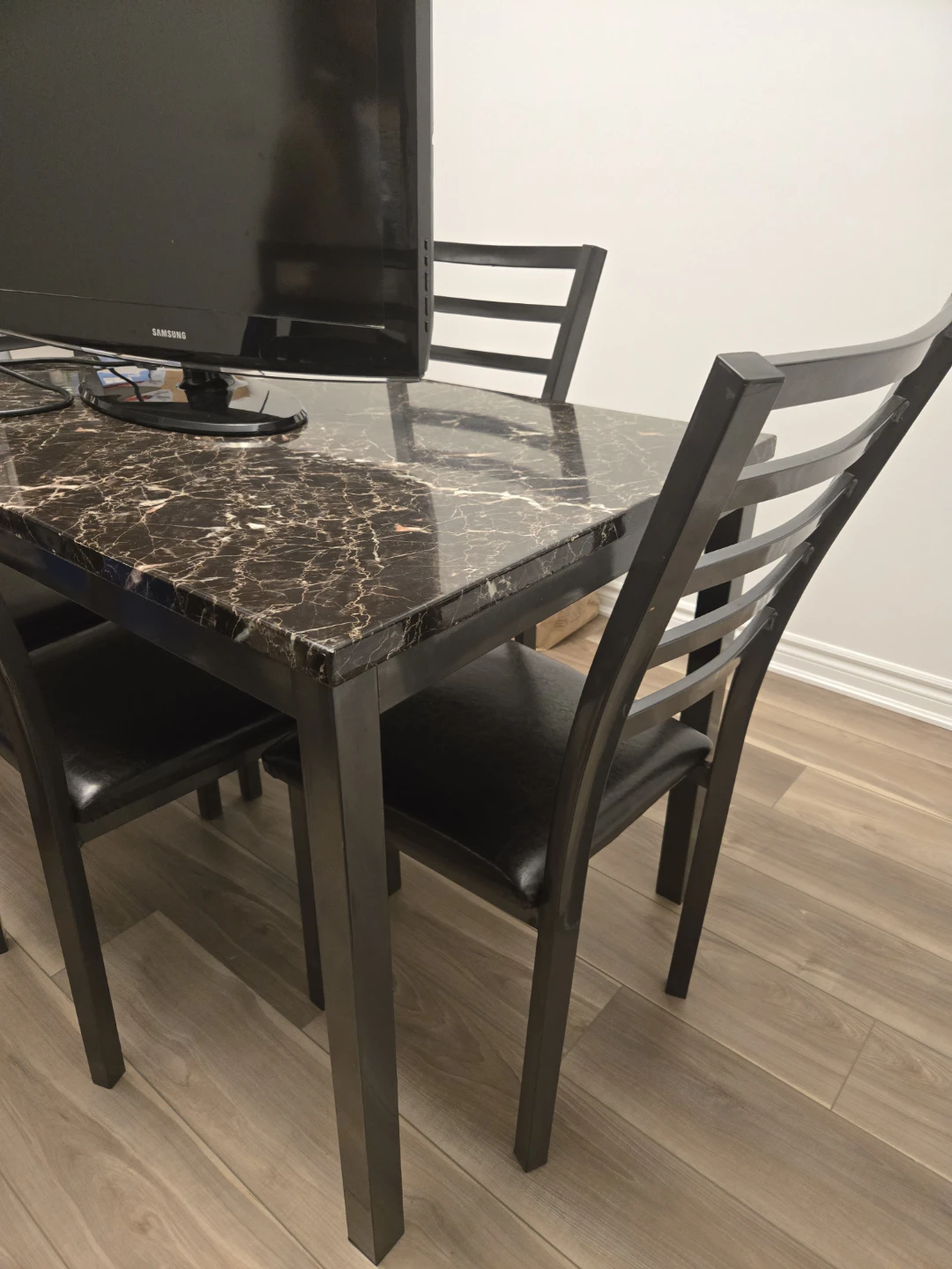 Black Faux Leather Dining Chairs and faux marble table - photo 2