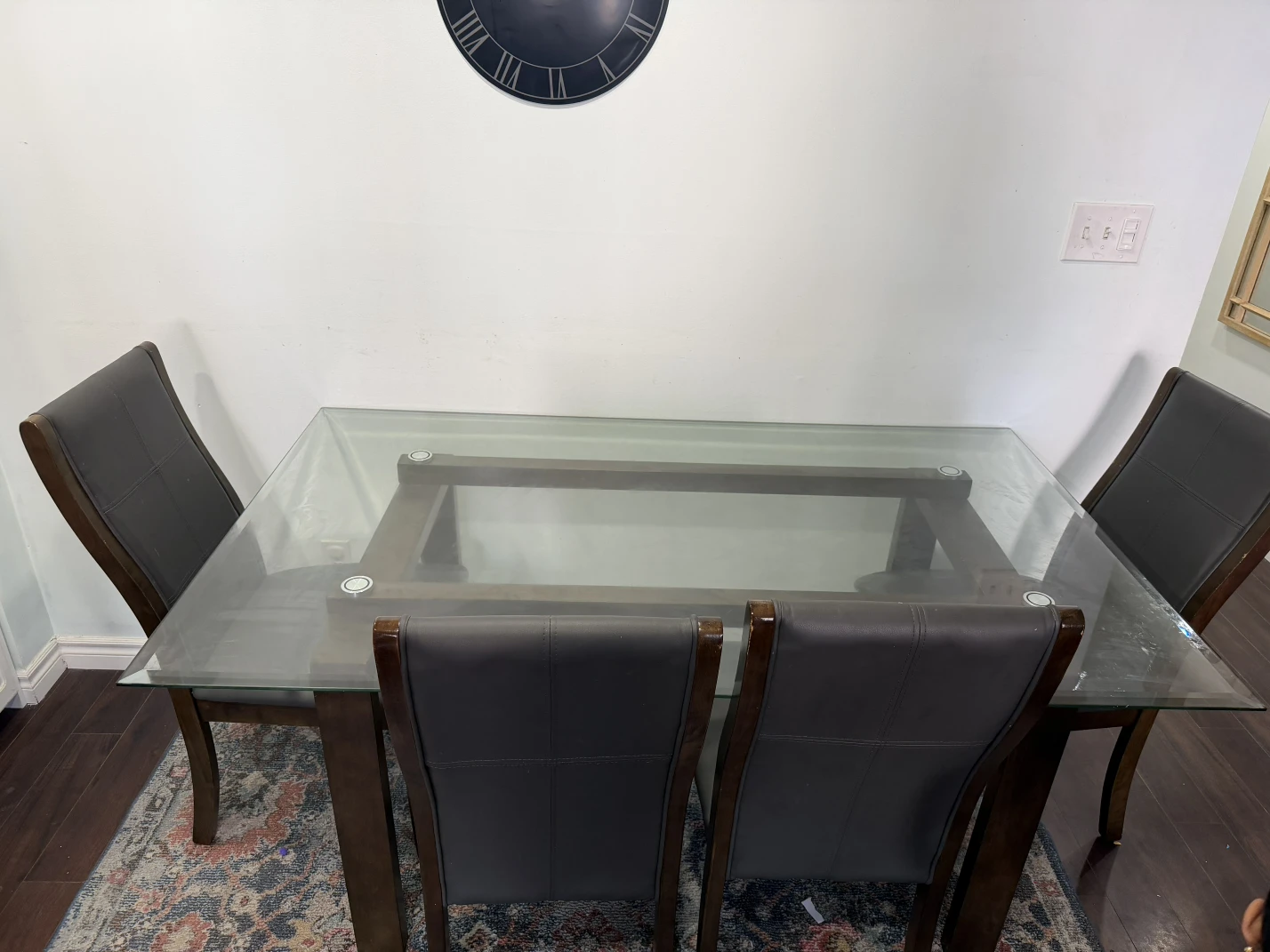Glass Top Dining Table with 6 Faux Leather Chairs