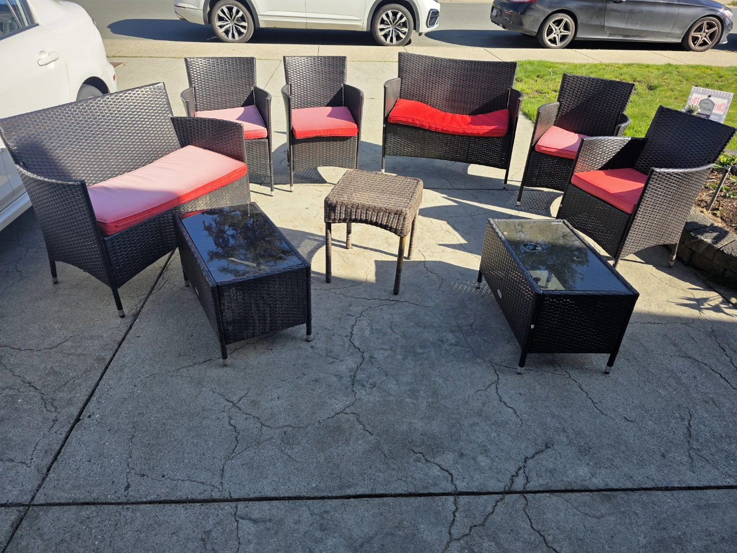 Wicker Patio Furniture Set with Red Cushions