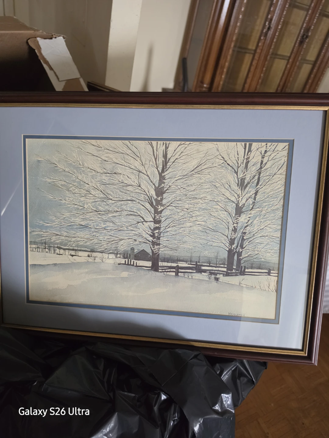 Framed Winter Landscape Watercolor Painting by Middleton