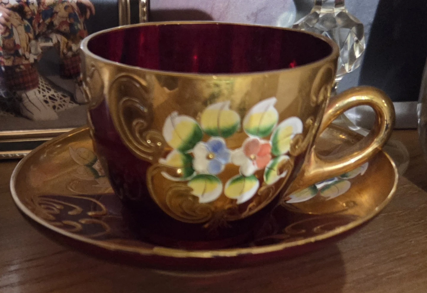 Antique Ruby Red and Gold Floral Tea Cup and Saucer Set