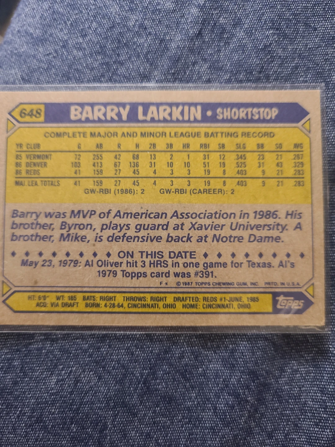 1987 Topps Barry Larkin Baseball Card #648 - photo 2