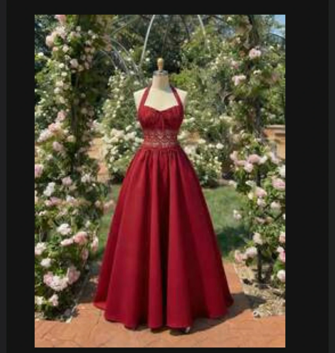 Medium Burgundy Halter Neck Gown with Lace Bodice
