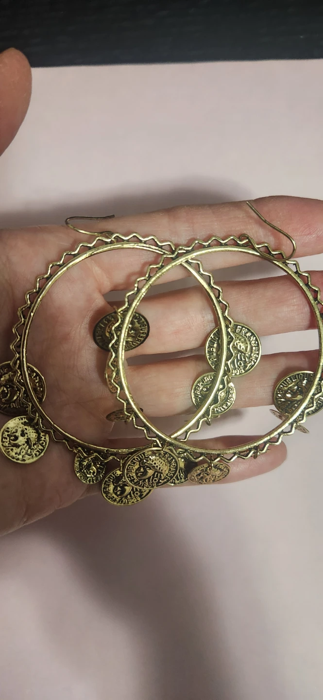 # 12 Gold hoops with hanging medalions - photo 2