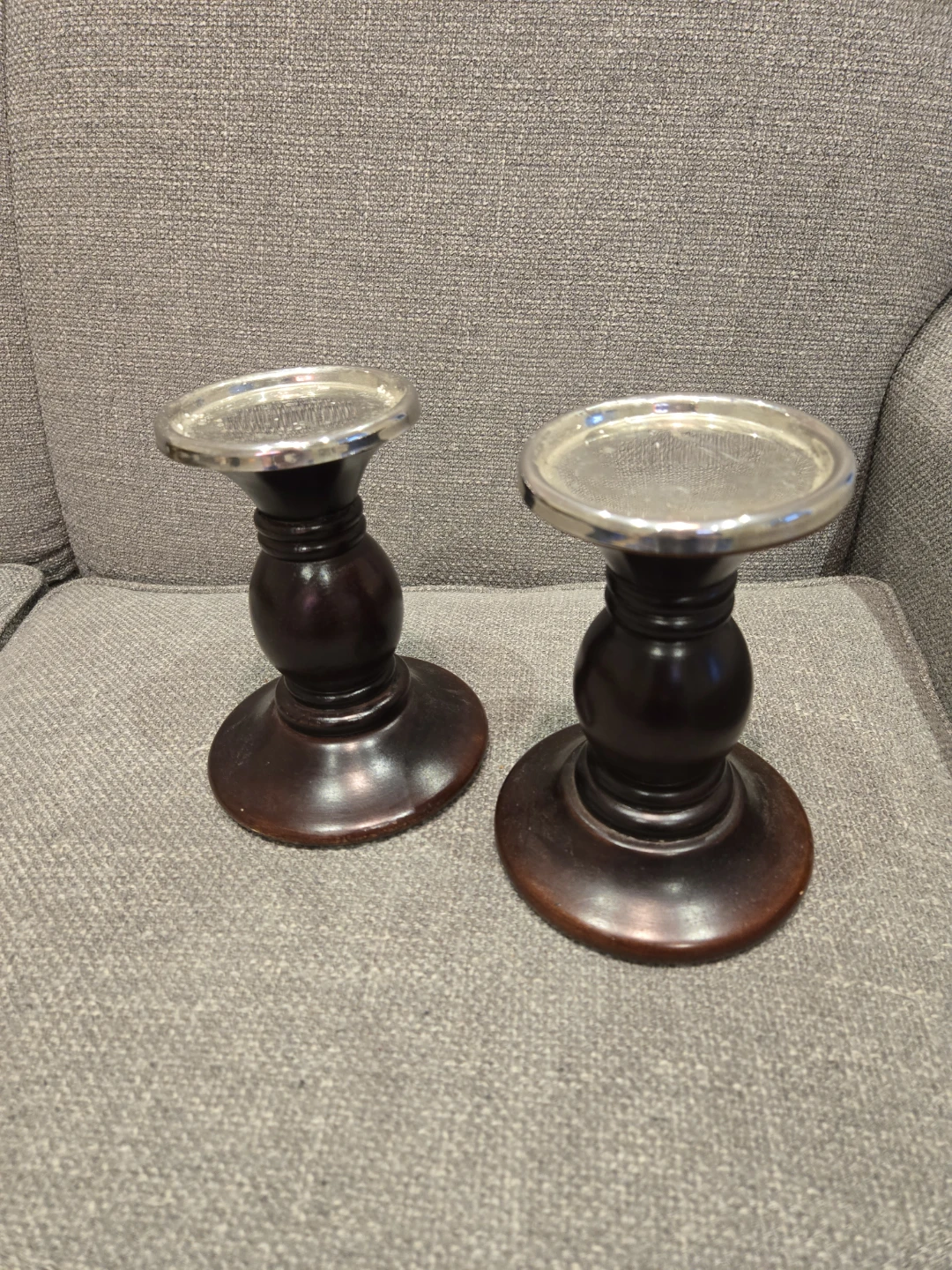 Set of 2 Wooden Candlesticks with Silver Top