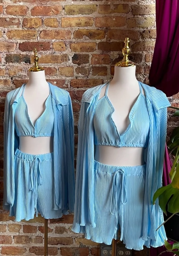 Light Blue Pleated 3-Piece Lounge Set