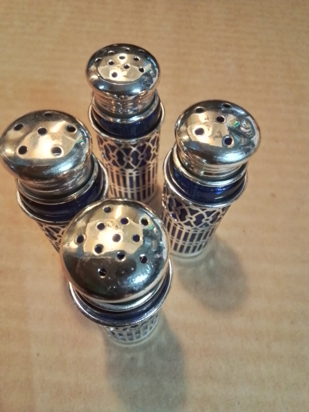4 Vintage Silver Plated Salt + Pepper Shakers with Cobalt Blue