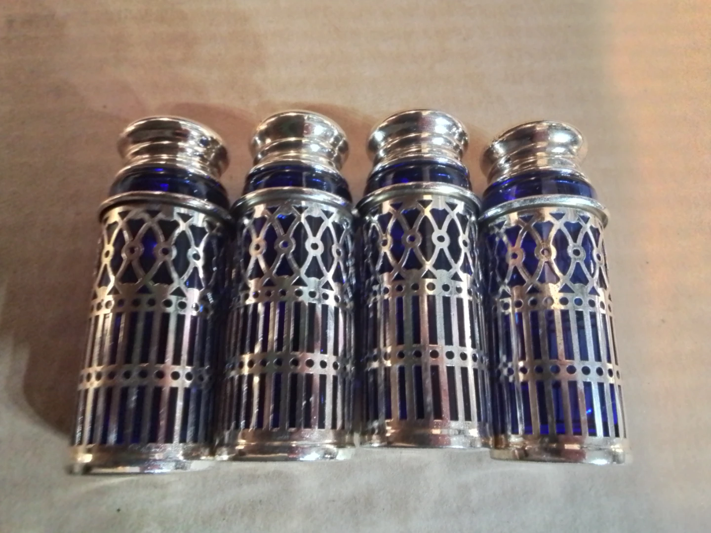4 Vintage Silver Plated Salt + Pepper Shakers with Cobalt Blue - photo 3