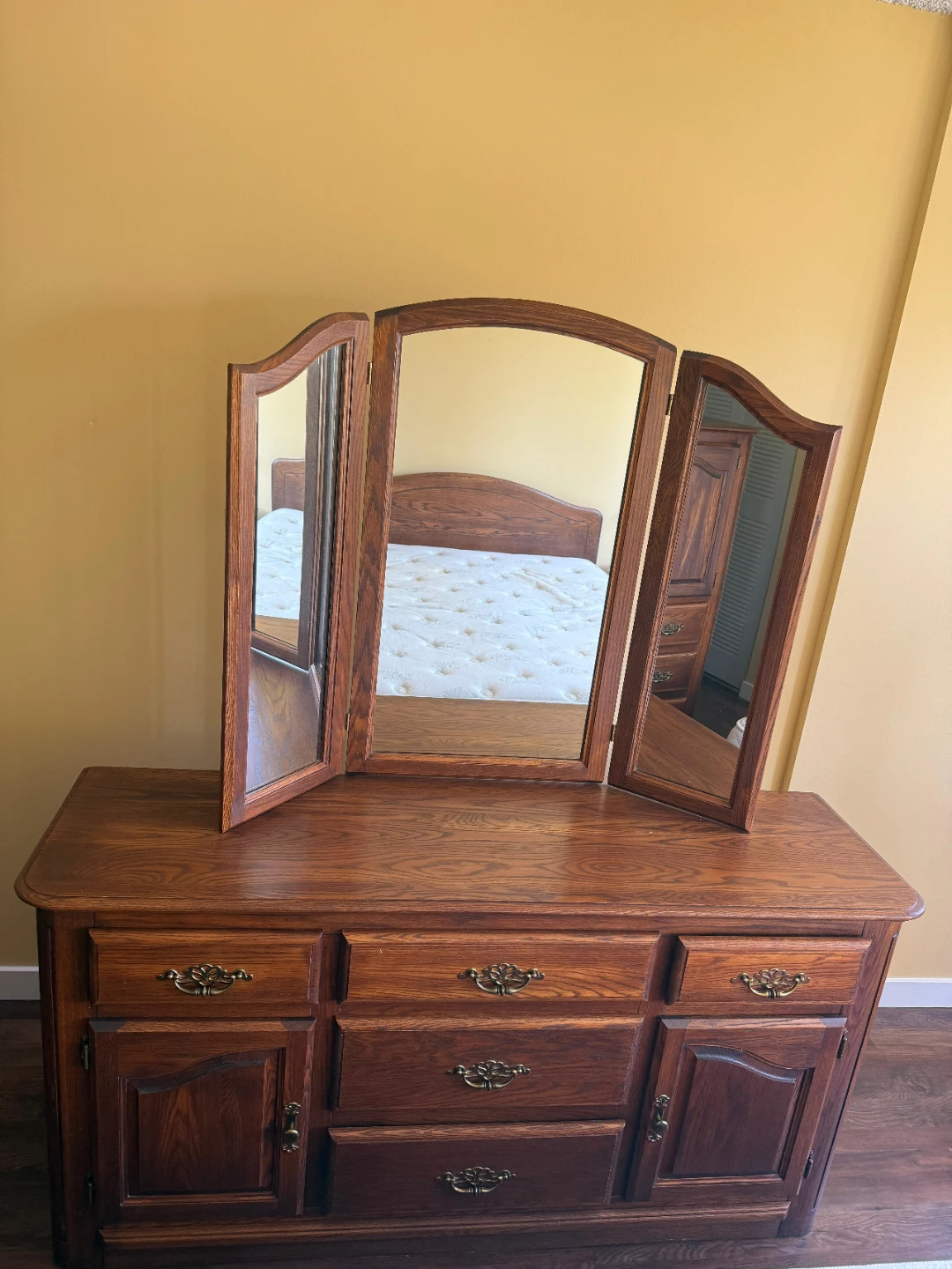Solid Oak Dresser with Tri-Fold Mirror